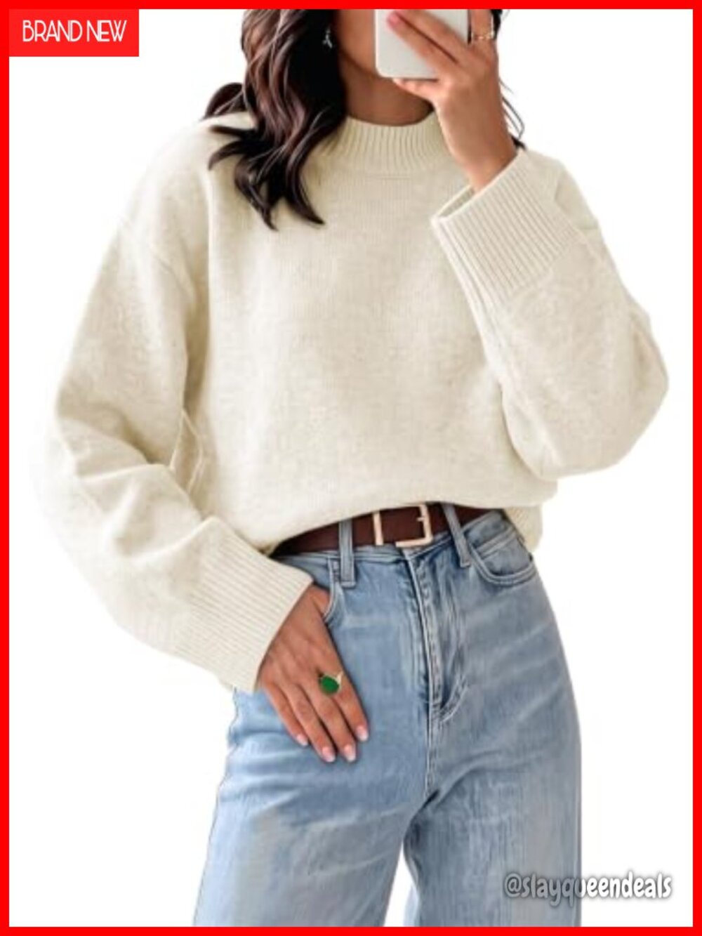 Oversized Mock Neck Knit Pullover Sweater Batwing Sleeve Fall Winter